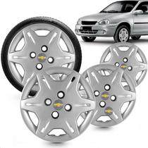 Kit 4 Calotas Corsa Wind 2000 Aro 13 Prata Cubo Baixo Grid + Adesivo Resinado 48mm Gm Cinza Com Dourado (4 Pc)