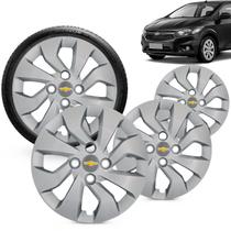 Kit 4 Calotas Onix Prisma 2017 2018 2019 2020 Aro 14 Prata Cubo Baixo Grid + Adesivo Resinado 48Mm Gm Cinza Com Dourado (4 Pc)