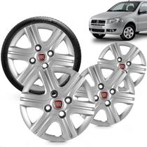 Kit 4 Calotas Palio Fire 2011 2012 2013 Aro 13 Prata Cubo Baixo Grid + Adesivo Resinado 48Mm Fiat Vermelho (4 Pc)