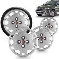 Kit 4 Calotas Strada Weekend 2011 2012 Aro 14 Prata Cubo Alto Grid + Adesivo Resinado 48Mm Fiat Vermelho (4 Pc)