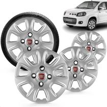 Kit 4 Calotas Uno Vivace 2011 2012 2013 Aro 13 Prata Cubo Baixo Grid + Adesivo Resinado 48Mm Fiat Vermelho (4 Pc)
