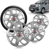 Kit 4 Calotas Uno Way 2015 2016 Aro 14 Prata Cubo Baixo Grid + Adesivo Resinado 48Mm Fiat Vermelho (4 Pc)