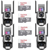 Kit 4 Câmera De Segurança Externa Lente Dupla 4k Led Sirene Policial Cartão 128gb