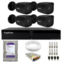 Kit 4 Câmeras Bullet Black Tudo Forte TF 2020 B Full HD 1080p com Visão Noturna 20M Proteção IP66 + DVR Tudo Forte TFHDX 3304 4 Canais + HD 500GB