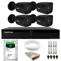 Kit 4 Câmeras Bullet Black Tudo Forte TF 2020 B Full HD 1080p Visão Noturna 20M Proteção IP66 + DVR Tudo Forte TFHDX 3304 4 Canais + HD 1TB Skyhawk