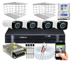 Kit 4 Câmeras + DVR Intelbras + Câmeras HD 720p 20m Infra + Fonte, Cabos e Acessórios +Hd 500gb