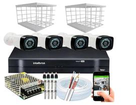 Kit 4 Câmeras + DVR Intelbras + Câmeras HD 720p 20m Infra + Fonte, Cabos e Acessórios