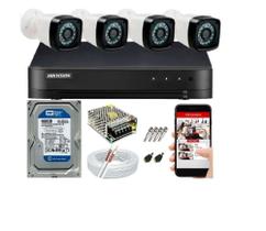 Kit 4 Cameras Segurança Full Hd 1080p 2mp Dvr Hikvision 4ch Alta Resolução c/ Acessórios