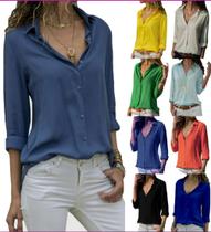 Kit 4 Camisa Feminina Manga Longa Casual Com Botão Moda Verão