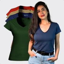 Kit 4 Camiseta Feminina Blusinhas Algodão Gola V Manga Curta