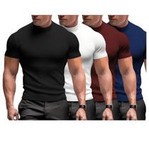 Kit 4 Camiseta Masculina Slim Canelada Gola Alta Manga Curta