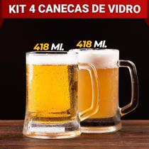 Kit 4 Caneca de Vidro p/ Chopp Cerveja Bebidas 418ml c/ Pegador Festa Bares Restaurante Happy Hour