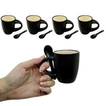 Kit 4 Caneca Xicara Com Colher De Cerâmica 90ml De Café Chá