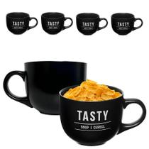 Kit 4 Caneca Xícara Preta Cerâmica Jumbo Sopa Caldo Cereal 750ml