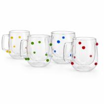Kit 4 Canecas 200ml Café Vidro Parede Dupla Bolinhas Isanog Multicolorido Bola