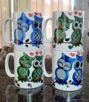 Kit 4 canecas 300ml - Porcelana decorada - Corujas