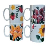 Kit 4 canecas 300ml - Porcelana decorada - Flores e Frutas