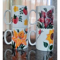 Kit 4 canecas 300ml - Porcelana decorada - Flores e Frutas