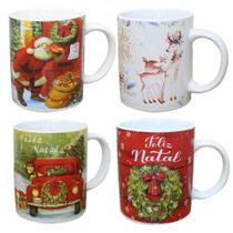 Kit 4 Canecas de Natal em Cerâmica 350ml para Serviço de Mesa Multicor