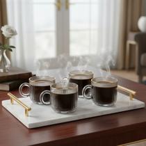 Kit 4 Canecas Vidro Graffiato 95ml Luxo Com Borda Dourada