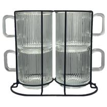 Kit 4 Canecas Xícaras com Suporte Vidro Canelado 360ml Versalhes Kit 4 Canecas Xícaras com Suporte Vidro Canelado 360ml Versalhes