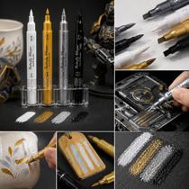 Kit 4 Canetas Marcador Permanente Acrílica Efeito Metálico Ponta Dupla Brush Cerâmica Metal Desenho Artesanato Pintura 3D -