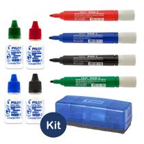 Kit 4 Canetas Marcadores para Quadro Branco WBM-7 Pilot 4 Cores + Apagador 150n Flip Top + 4 Frascos Tinta para Recarga