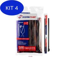 Kit 4 Canudo Colher Mexedor Preto Straw Para Drinks - 100 Unidades