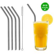 Kit 4 Canudos Aço Inox Curvo Escova Limpeza Reutilizável