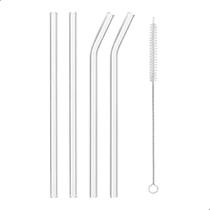 Kit 4 Canudos De Vidro 2 Curvado + 2 Reto Reutilizáveis 20cm + Escova Higiênica