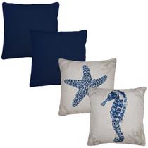 Kit 4 Capa Almofada Linho Lisa Azul Estampa Oceano Mar 43x43