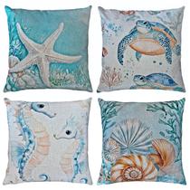 Kit 4 Capa Almofada Linho Tartaruga Estrela Cavalo Mar 45x45