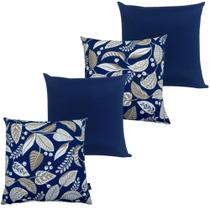 Kit 4 Capa De Almofada Belize Folhas Bege Azul e Lisa Azul Impermeável 45cmx45cm