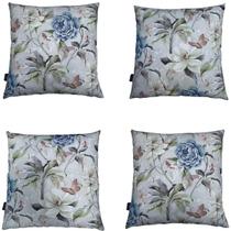 Kit 4 Capa de Almofada Impermeável Estampa Digital 100% Algodão Flor Azul Borboleta Área Externa 43cmx43cm