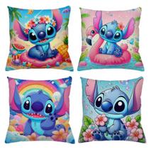 Kit 4 capa de almofadas com zíper lilo stitch decoração 45x45cm infantil kids menina quarto sala
