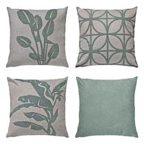 Kit 4 Capas Almofada Linho Bouclé Folhagem Verde Claro 50x50
