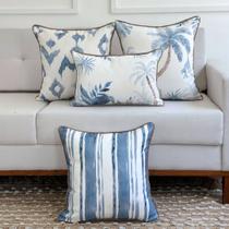 Kit 4 Capas Almofadas Linhão Branco Coqueiros, Listras e Ikat Geométrica Azul