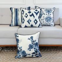 Kit 4 Capas Almofadas Linhão Branco Flores, Listra, Ikat, FLoral Azul