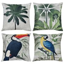 Kit 4 Capas Almofadas Linho Aves Tucano Arara Coqueiro 45x45