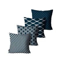 Kit 4 Capas Almofadas Premium Cetim Mdecore Geométrica Azul
