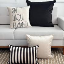 Kit 4 Capas Almofadas Veludo Frase "Sai Daqui Humano", Listras Preta e Off White