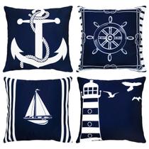 Kit 4 Capas Azul Almofada Mar Âncora Timão Barco Sarja 45x45