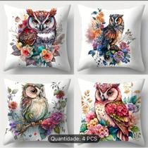 Kit 4 Capas de Almofada 40x40 Coruja Sublimada Micropercal Estampada Decorativa Macia