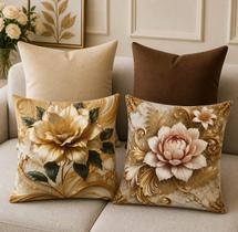 Kit 4 Capas de Almofada Decorativa Floral Luxo Clássica Bege Marrom Dourado 45x45 cm Cor:Marrom