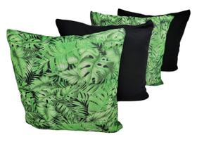 Kit 4 Capas de Almofada Decorativas Malha Gel Mista 40cm x 40cm com Zíper Estampa 11 Folhas Verde e Preto