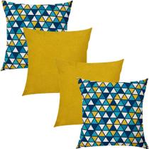 Kit 4 Capas de Almofada Geométrico Azul e Amarelo Liso 45x45cm Kit 4 Capas de Almofada Geométrico Azul e Amarelo Liso 45x45cm