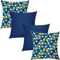 Kit 4 Capas de Almofada Geométrico Azul e Azul Liso 45x45cm Kit 4 Capas de Almofada Geométrico Azul e Azul Liso 45x45cm
