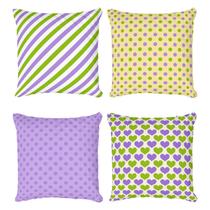 Kit 4 Capas de Almofada Infantil Decorativa Coração, Poá, Listras Verde e Roxo Kit 4 Capas de Almofada Infantil Decorativa Coração, Poá, Listras Verde e Roxo