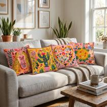Kit 4 Capas de Almofada México Vibrante 45x45cm Coloridas Decorativas Boho Floral Microfibra