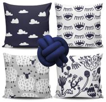 Kit 4 Capas de Almofada Olho Grego Azul Marinho + Almofada Nó Kit 4 Capas de Almofada Olho Grego Azul Marinho + Almofada Nó